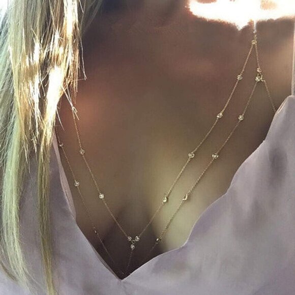 Boho Layered Bra Body Chain Sparkly Crystal Chest Chain Beach BIkini - Picture 7 of 7